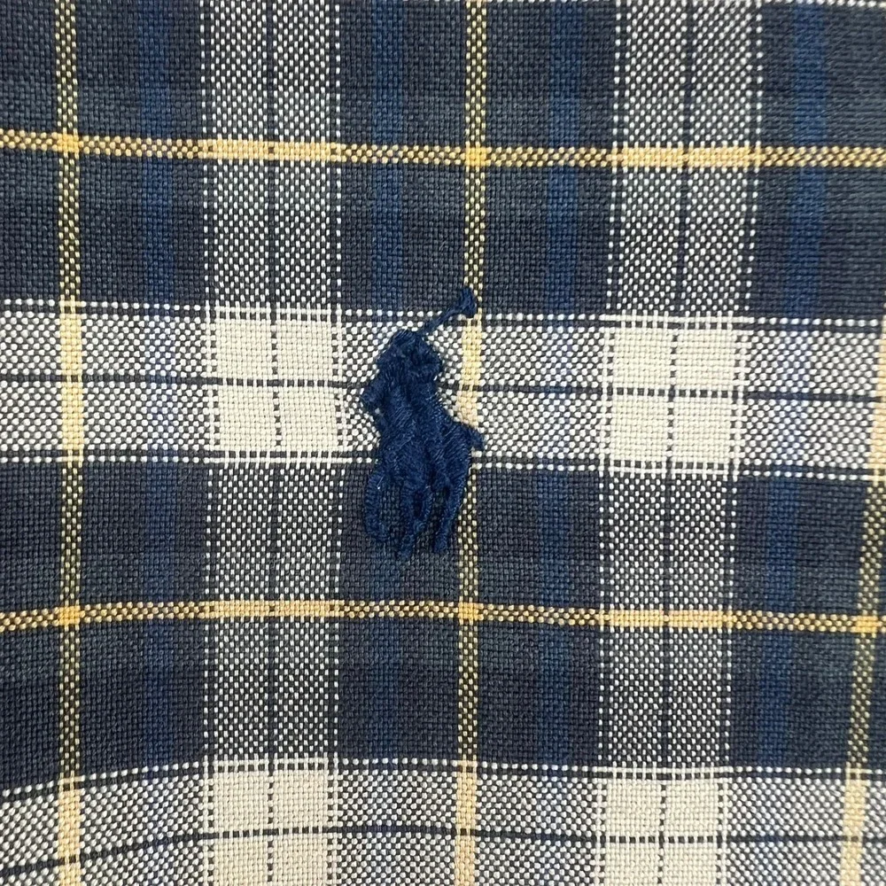 Polo Ralph Lauren‎ Shirt Mens Large Plaid Button Down Navy Tan Yellow Pony